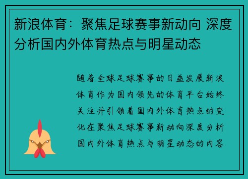 新浪体育：聚焦足球赛事新动向 深度分析国内外体育热点与明星动态